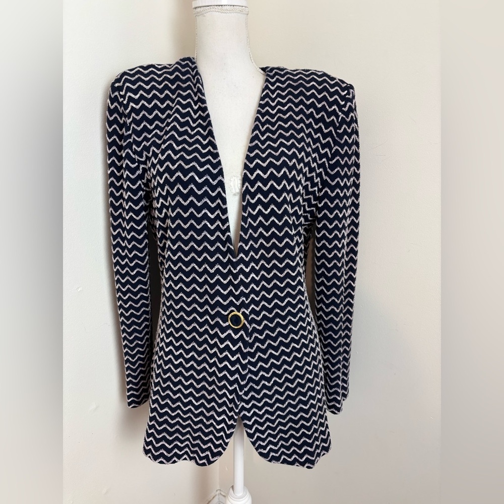 St. John Collection Navy and White Chevron Blazer Size 14